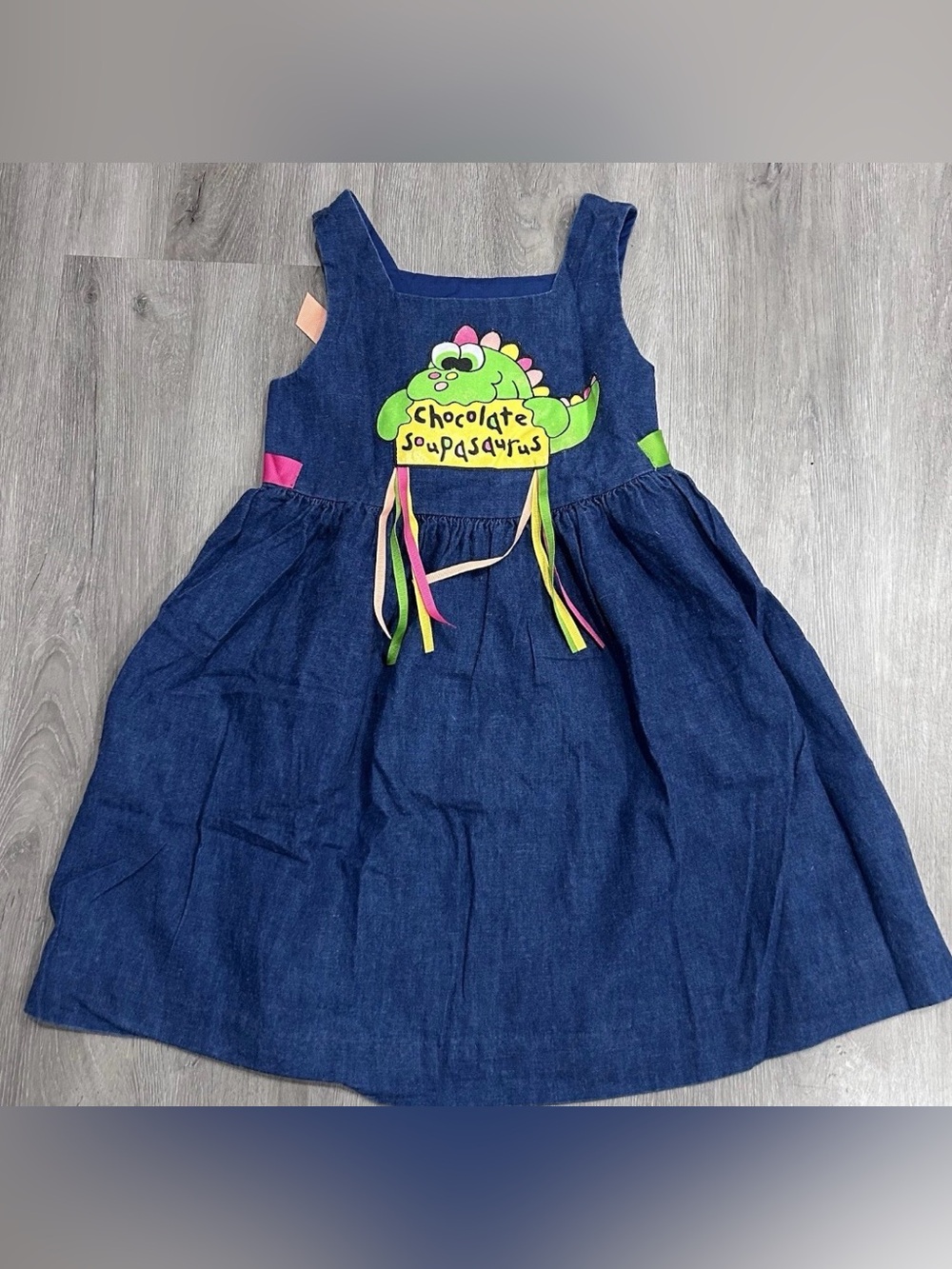 Chocolate Soup-asaurus Denim Jumper Dress 4T Ribbon Dinosaur Handcrafted USA VTG